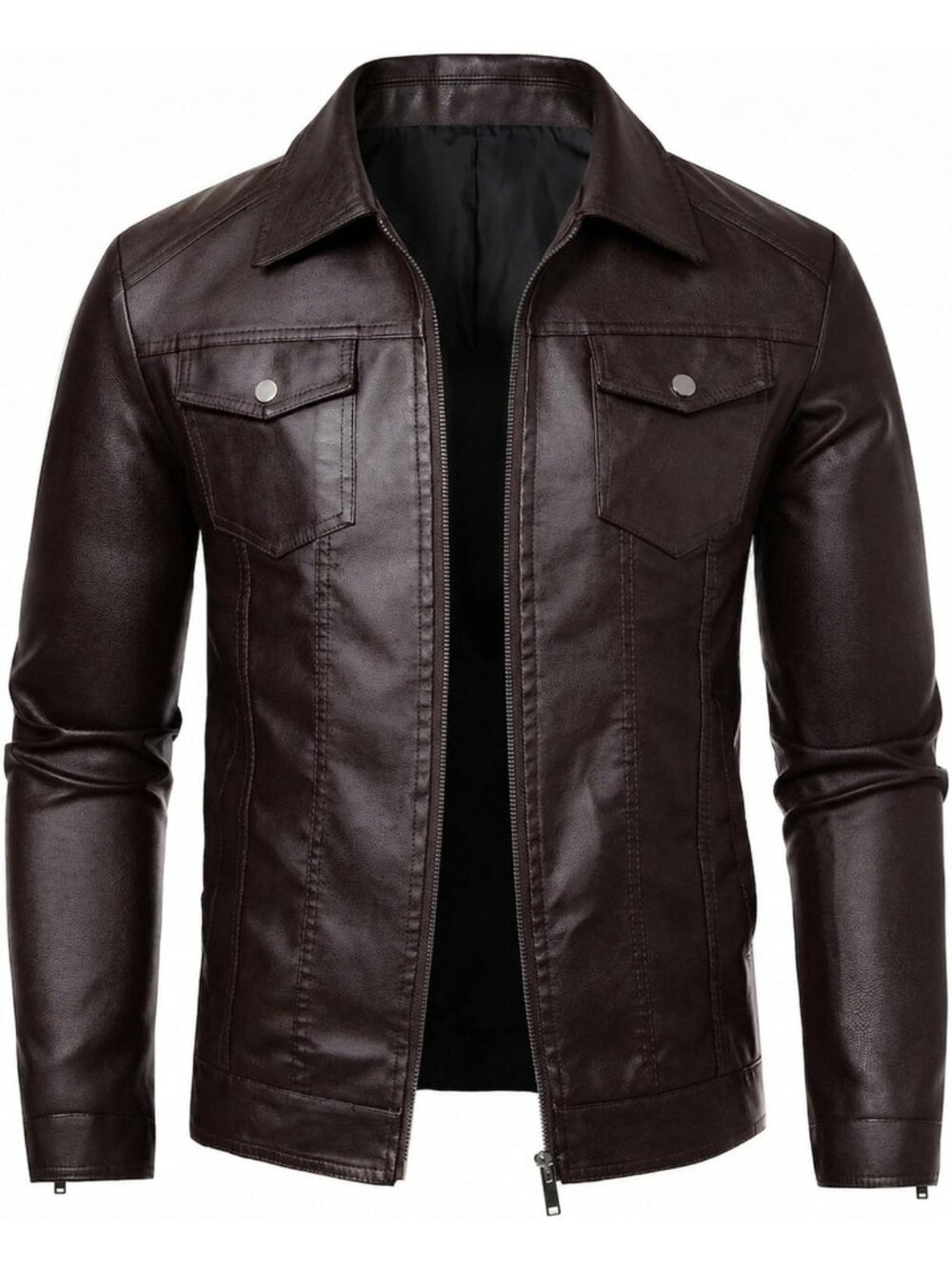 Men's Dark Brown Faux Leather Two Side Hand Pockets Motorcycle Biker Jacket